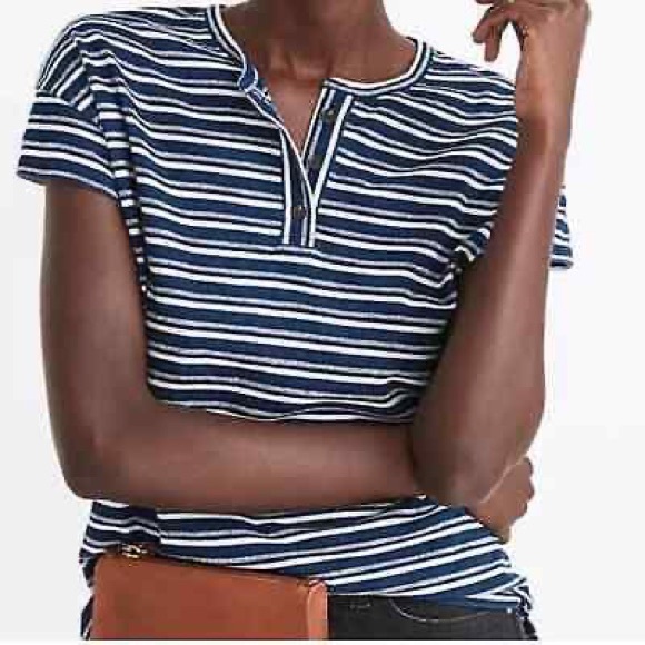 Madewell Small Brother Henley Short Sleeve Tee in Indigo Stripe Blue White Black - Picture 2 of 6